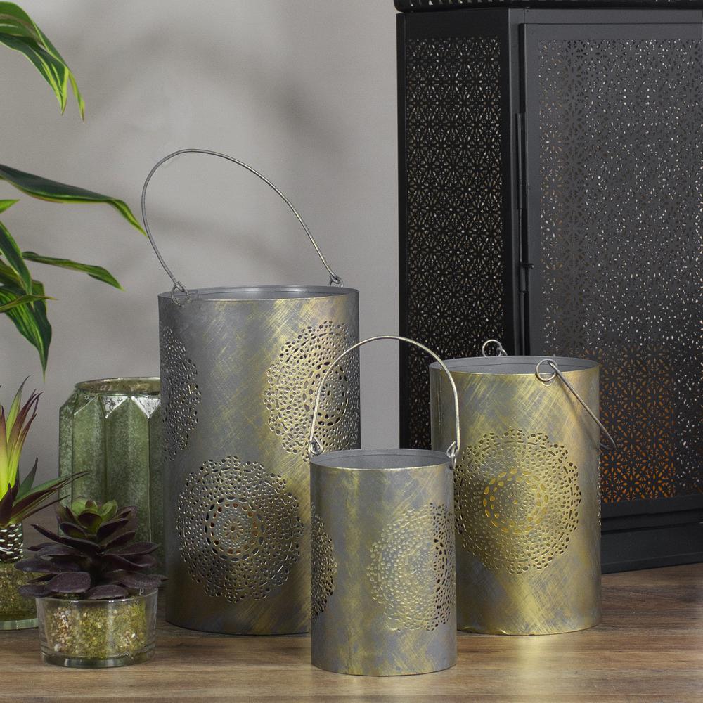 Set of 3 Gray and Gold Floral Designed Pillar Candle Lanterns 10". Picture 2