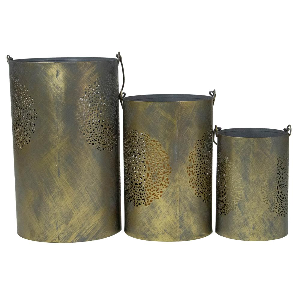 Set of 3 Gray and Gold Floral Designed Pillar Candle Lanterns 10". Picture 5