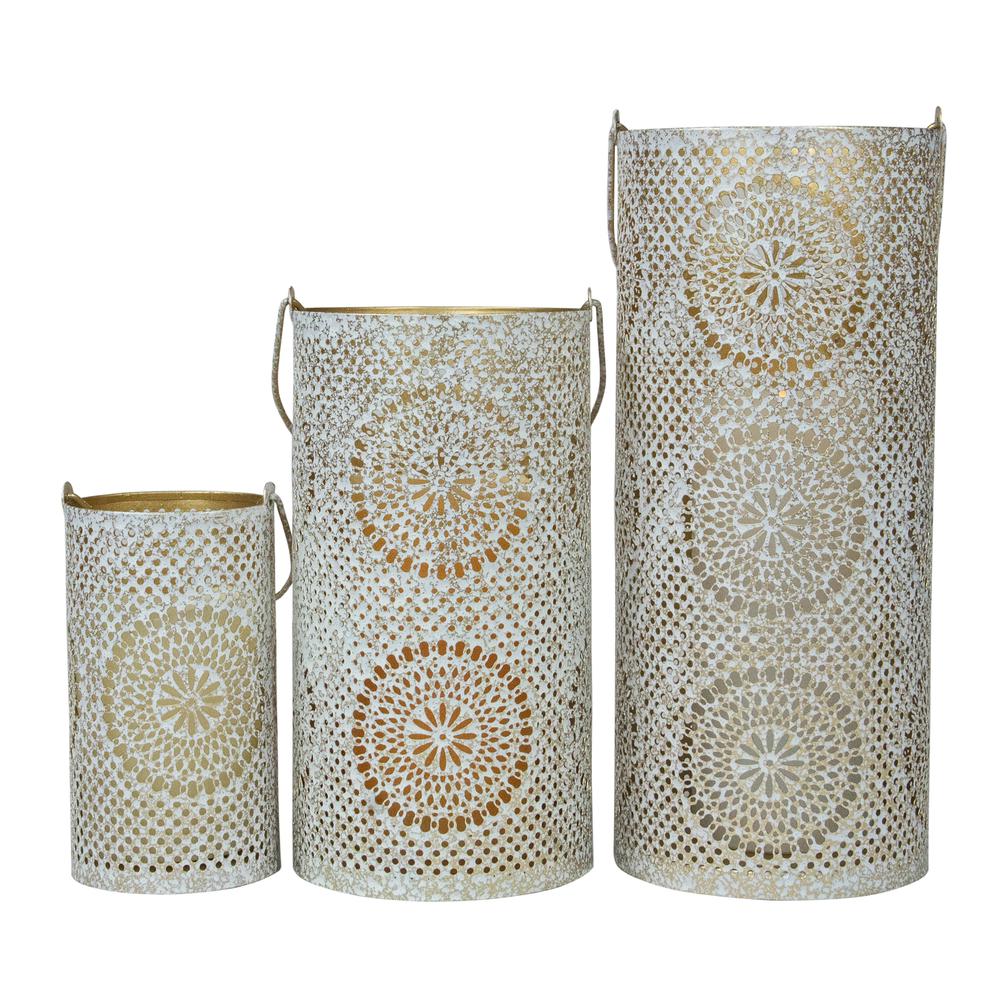 Set of 3 White and Gold Moroccan Style Pillar Candle Lanterns 10". Picture 1
