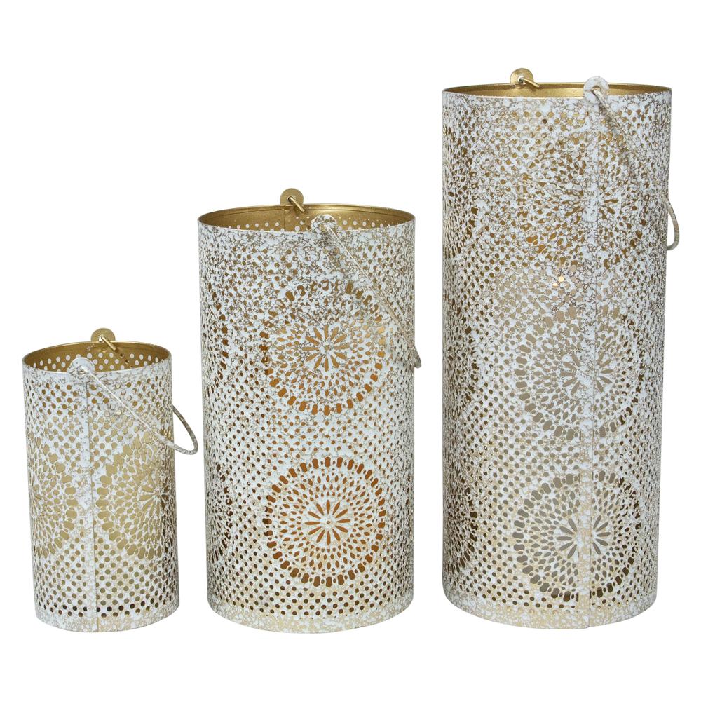 Set of 3 White and Gold Moroccan Style Pillar Candle Lanterns 10". Picture 3