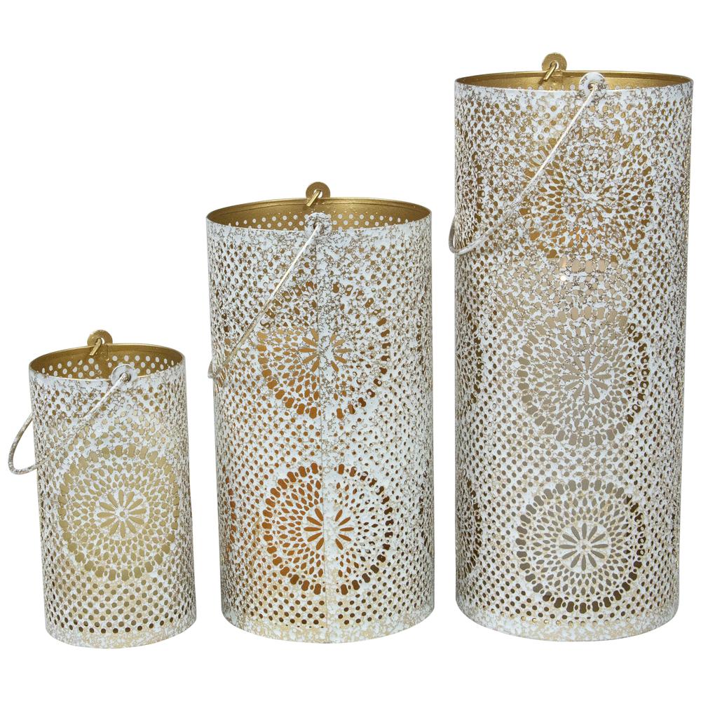 Set of 3 White and Gold Moroccan Style Pillar Candle Lanterns 10". Picture 5
