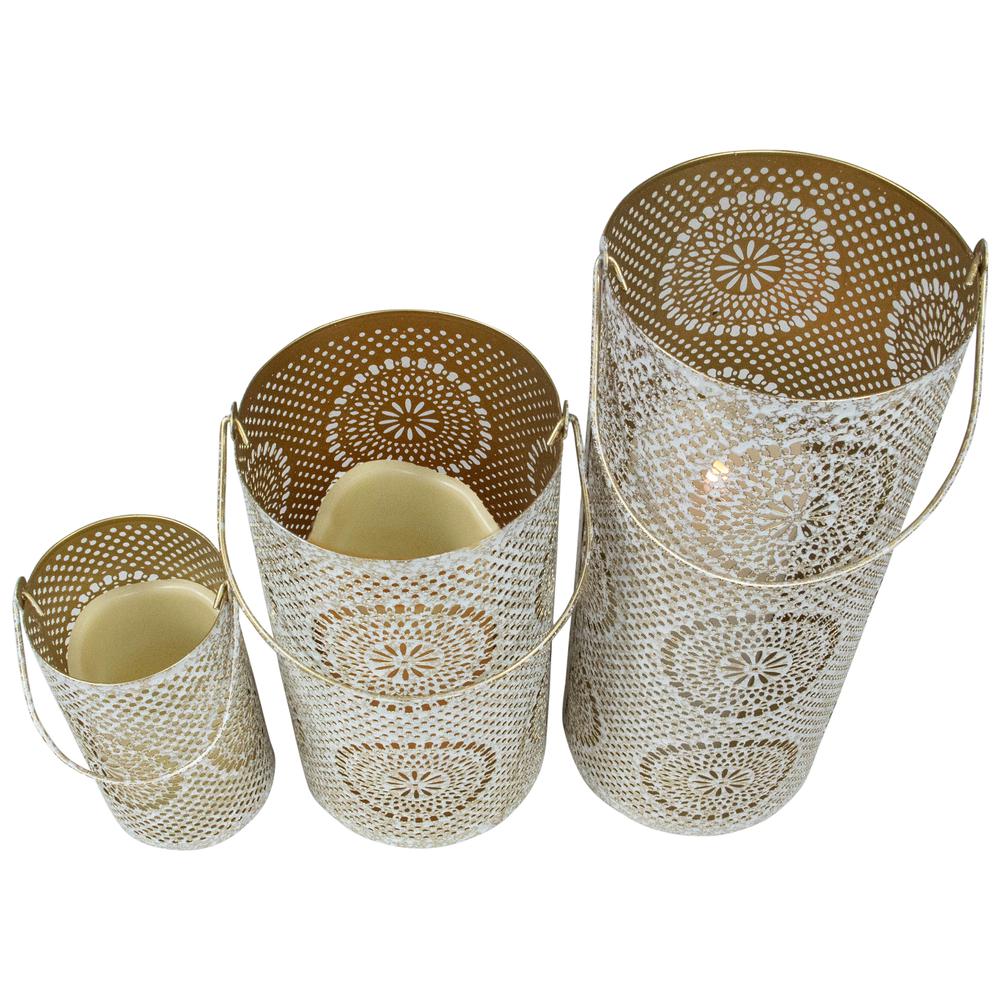 Set of 3 White and Gold Moroccan Style Pillar Candle Lanterns 10". Picture 4