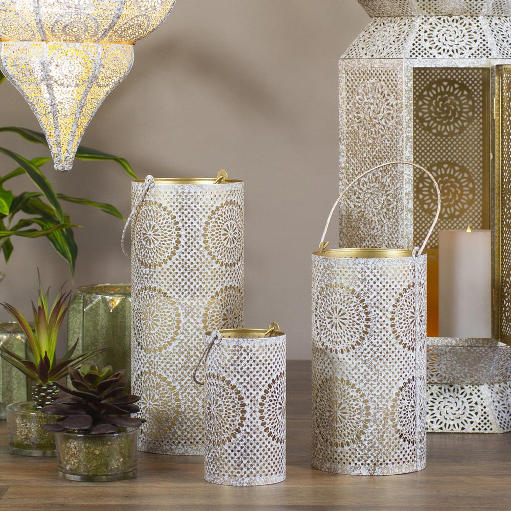 Set of 3 White and Gold Moroccan Style Pillar Candle Lanterns 10". Picture 2