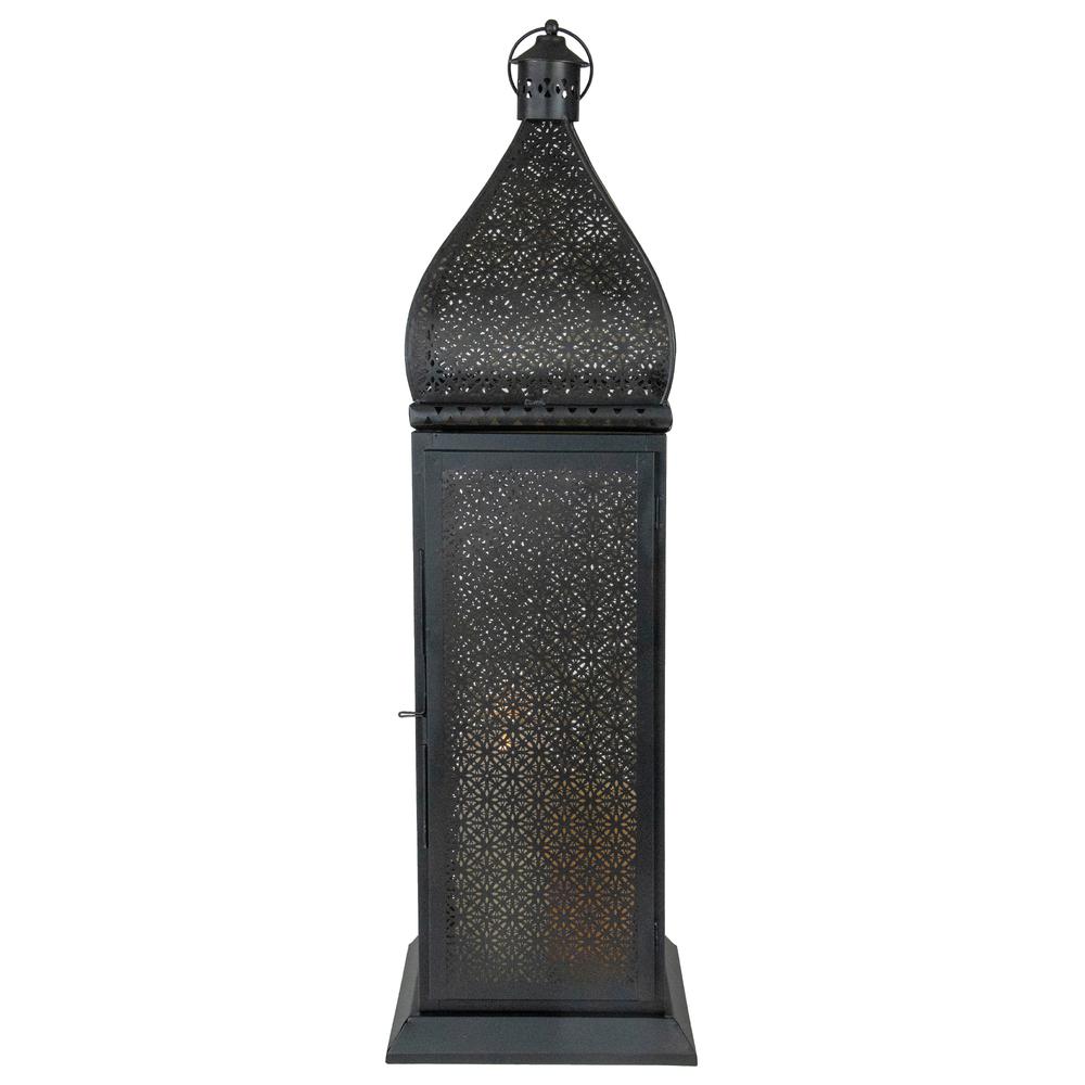 30.5" Black and Gold Moroccan Style Pillar Candle Floor Lantern. Picture 1