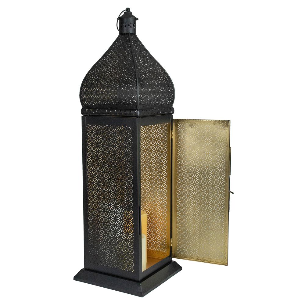 30.5" Black and Gold Moroccan Style Pillar Candle Floor Lantern. Picture 3