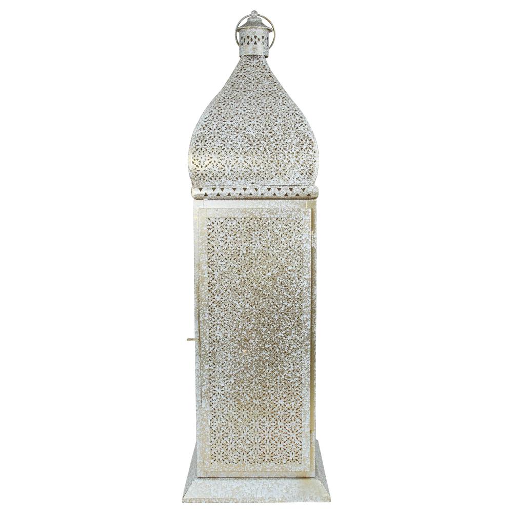 30.5" White and Gold Moroccan Style Pillar Candle Floor Lantern. Picture 1