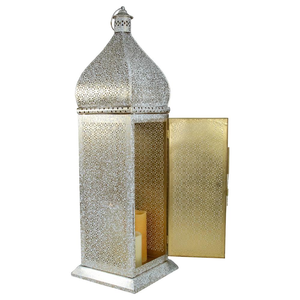 30.5" White and Gold Moroccan Style Pillar Candle Floor Lantern. Picture 3