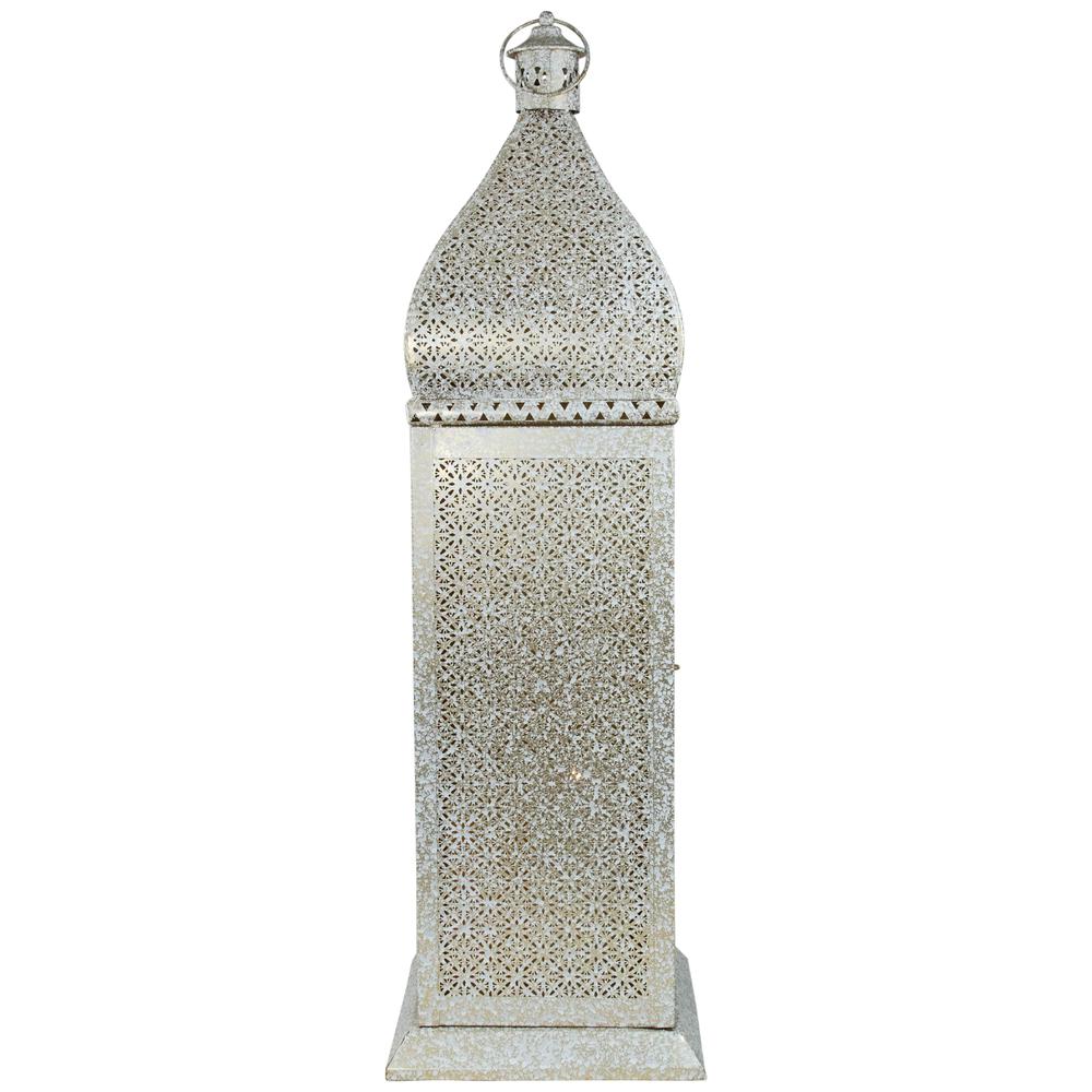 30.5" White and Gold Moroccan Style Pillar Candle Floor Lantern. Picture 4