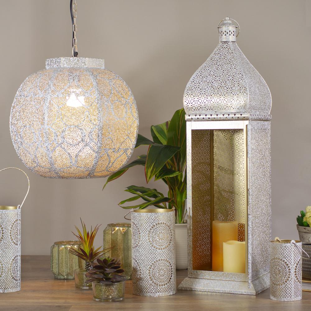 30.5" White and Gold Moroccan Style Pillar Candle Floor Lantern. Picture 2