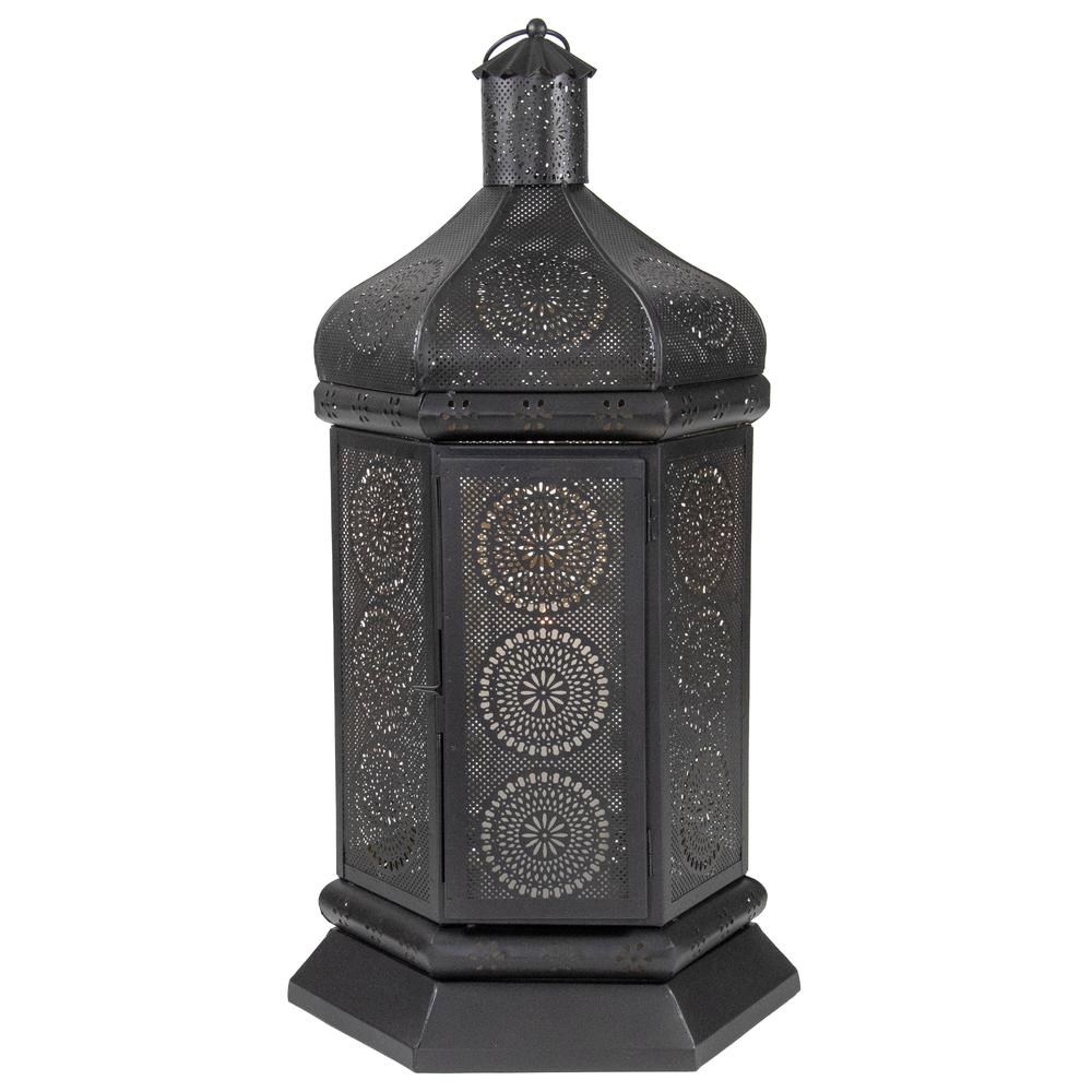 21.5" Black and Gold Moroccan Style Pillar Candle Table Lantern. Picture 1