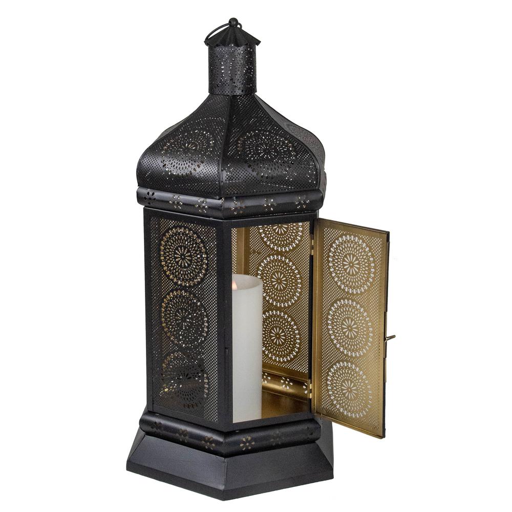 21.5" Black and Gold Moroccan Style Pillar Candle Table Lantern. Picture 3