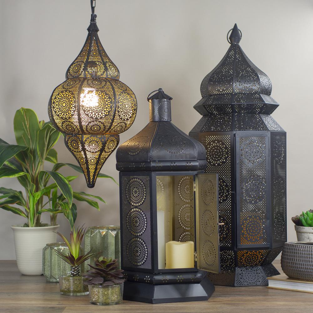 21.5" Black and Gold Moroccan Style Pillar Candle Table Lantern. Picture 2