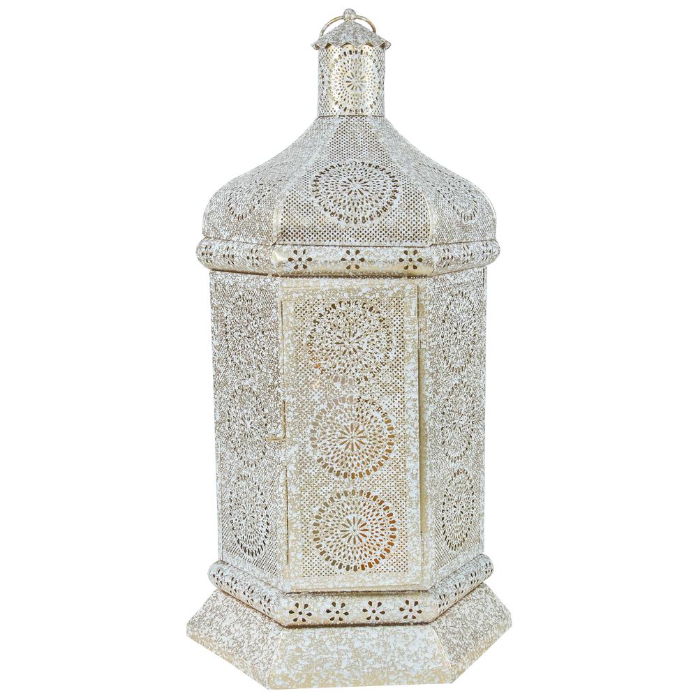 21.5" White and Gold Moroccan Style Pillar Candle Table Lantern. Picture 1