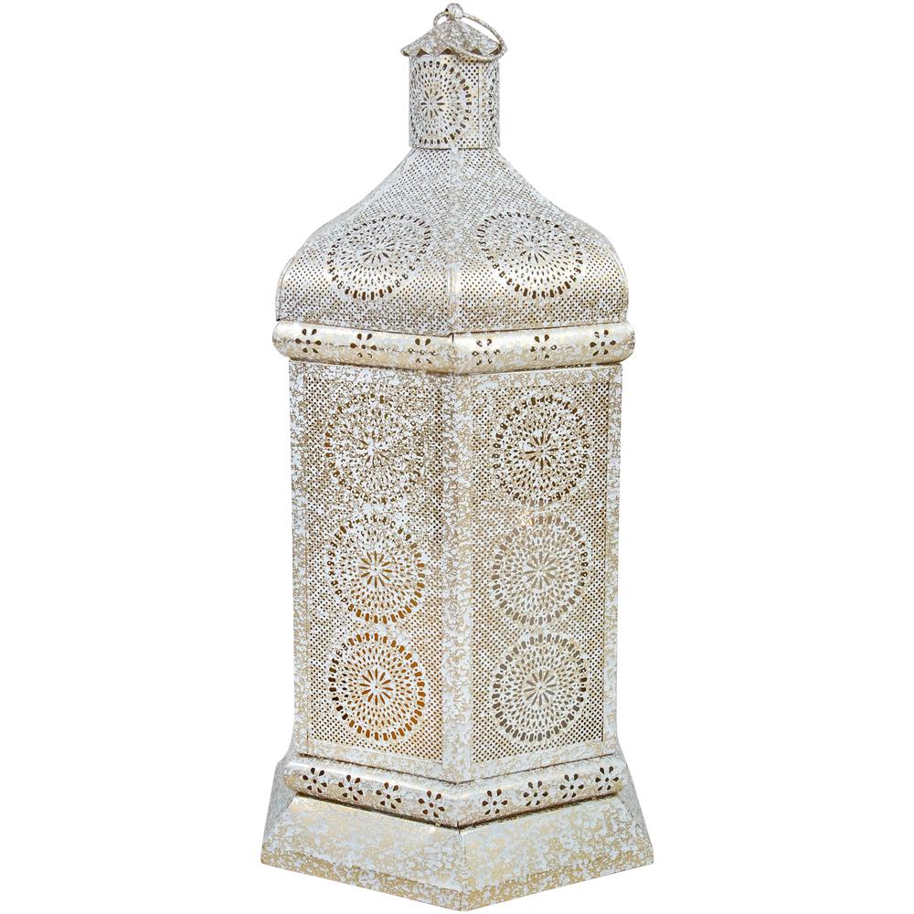 21.5" White and Gold Moroccan Style Pillar Candle Table Lantern. Picture 4
