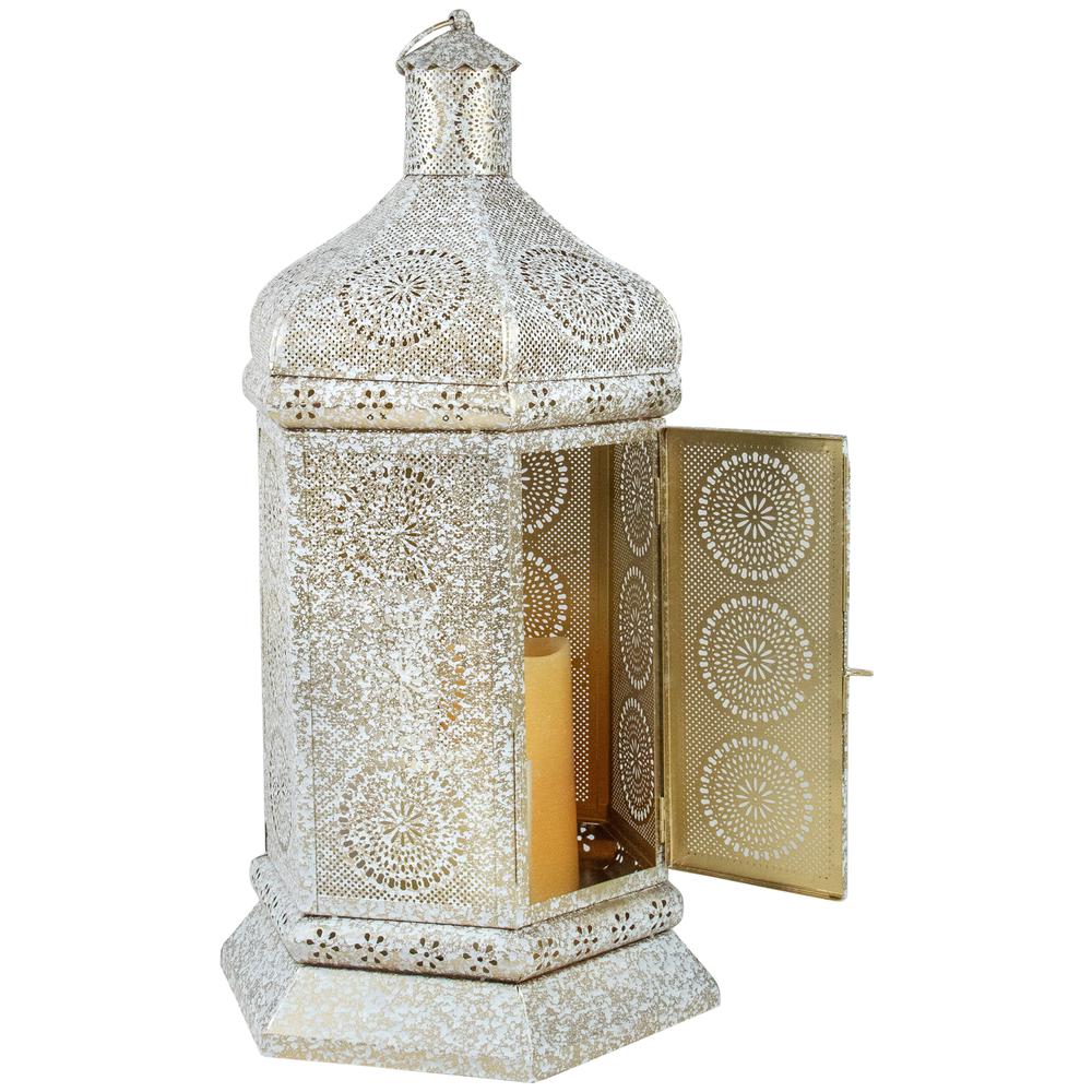 21.5" White and Gold Moroccan Style Pillar Candle Table Lantern. Picture 3