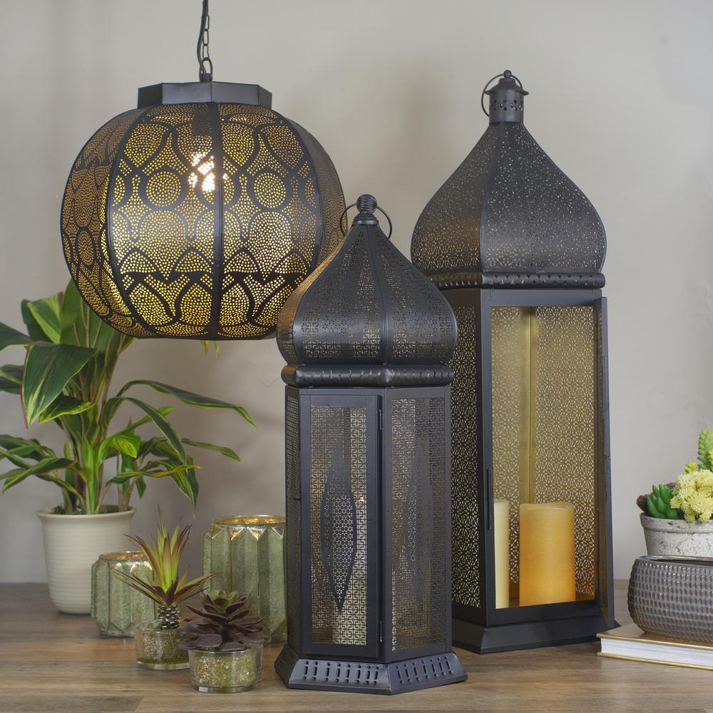 30.5" Black and Gold Moroccan Style Pillar Candle Floor Lantern. Picture 2