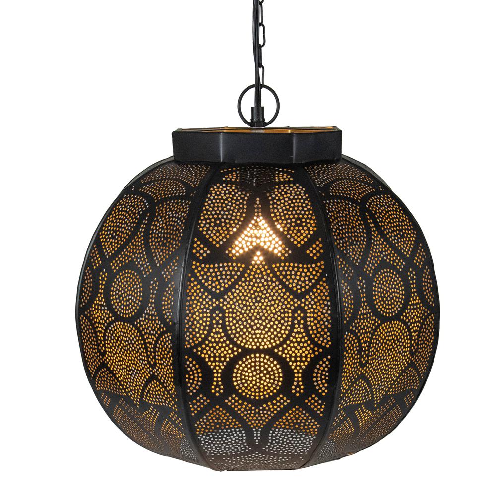 14.5" Black and Gold Moroccan Style Hanging Lantern Ceiling Light Fixture. Picture 1