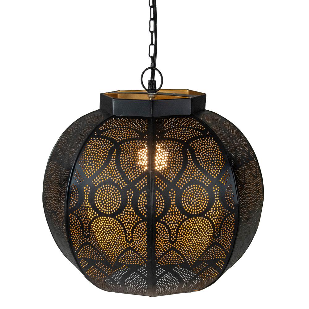 14.5" Black and Gold Moroccan Style Hanging Lantern Ceiling Light Fixture. Picture 4