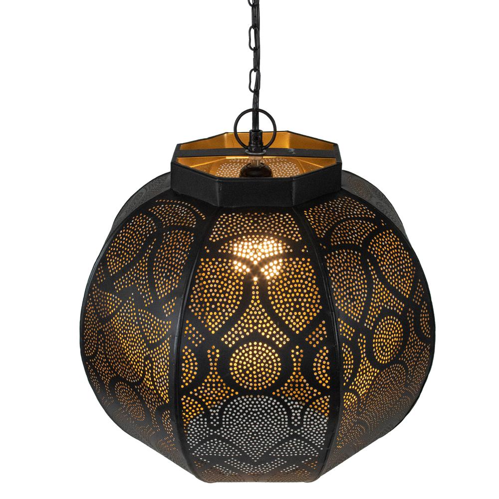 14.5" Black and Gold Moroccan Style Hanging Lantern Ceiling Light Fixture. Picture 3