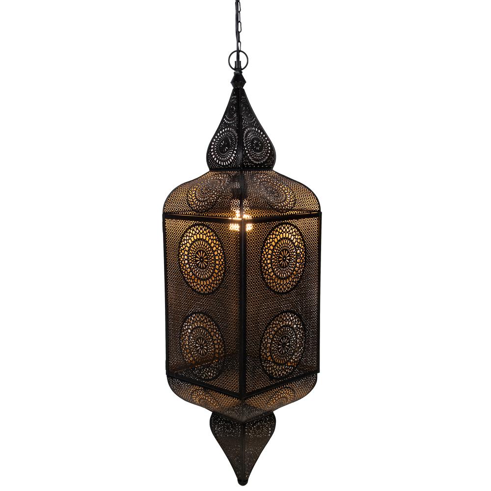 35" Black and Gold Moroccan Style Hanging Lantern Ceiling Light Fixture. Picture 2