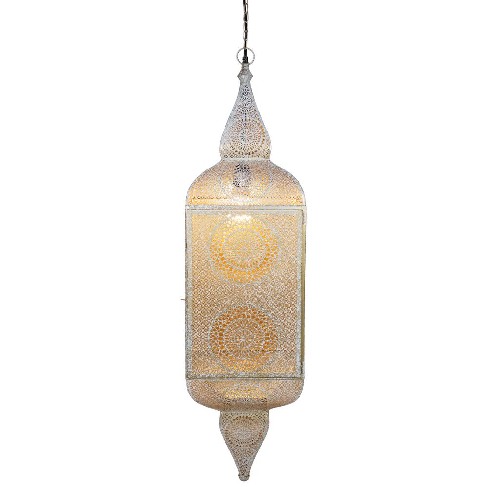 35" White and Gold Moroccan Style Hanging Lantern Ceiling Light Fixture. Picture 1