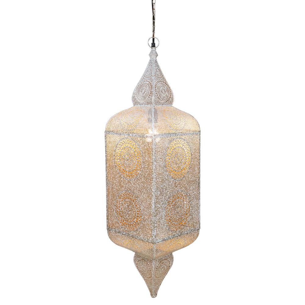 35" White and Gold Moroccan Style Hanging Lantern Ceiling Light Fixture. Picture 2