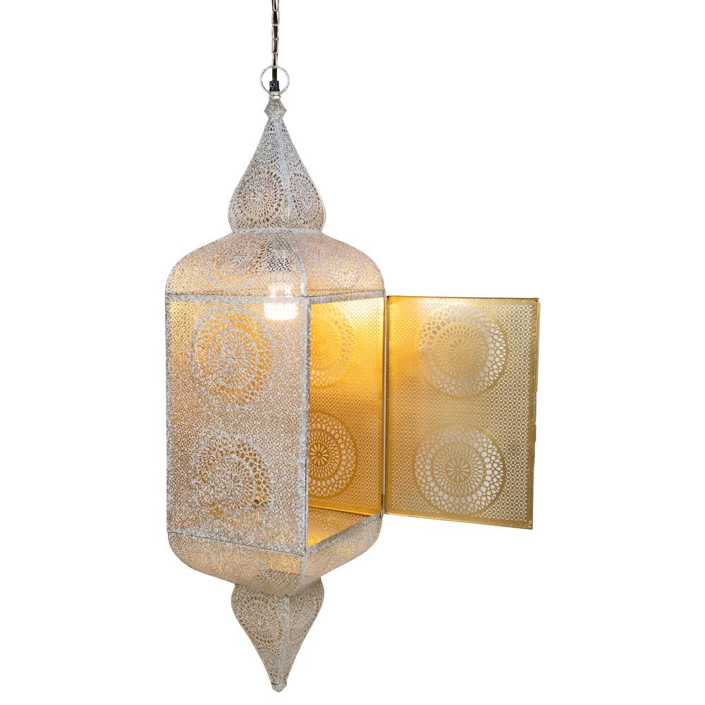 35" White and Gold Moroccan Style Hanging Lantern Ceiling Light Fixture. Picture 3