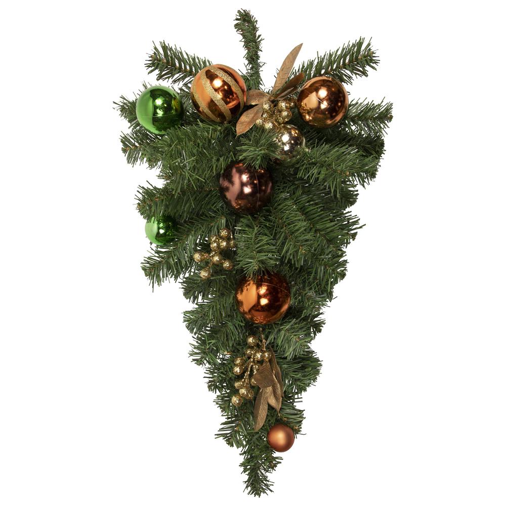 30" Green Foliage and Ornaments Artificial Christmas Teardrop Swag  Unlit. Picture 1