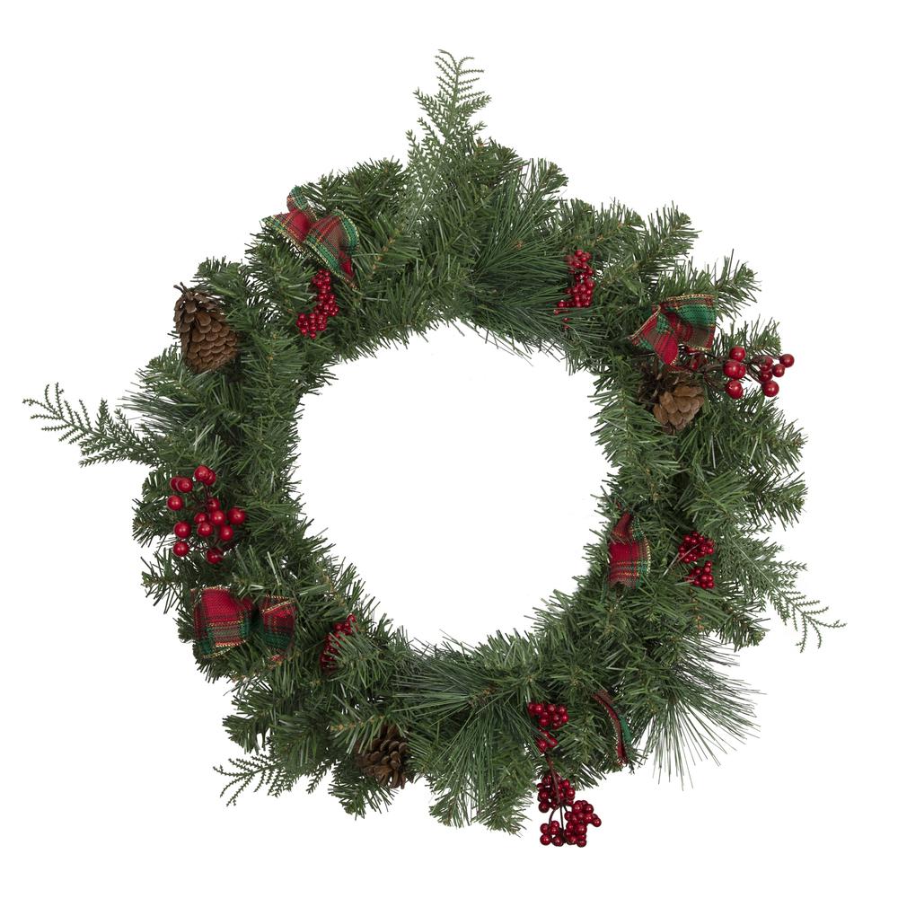 Pine Cones and Berries Artificial Christmas Wreath with Ribbon  24-Inch  Unlit. Picture 1