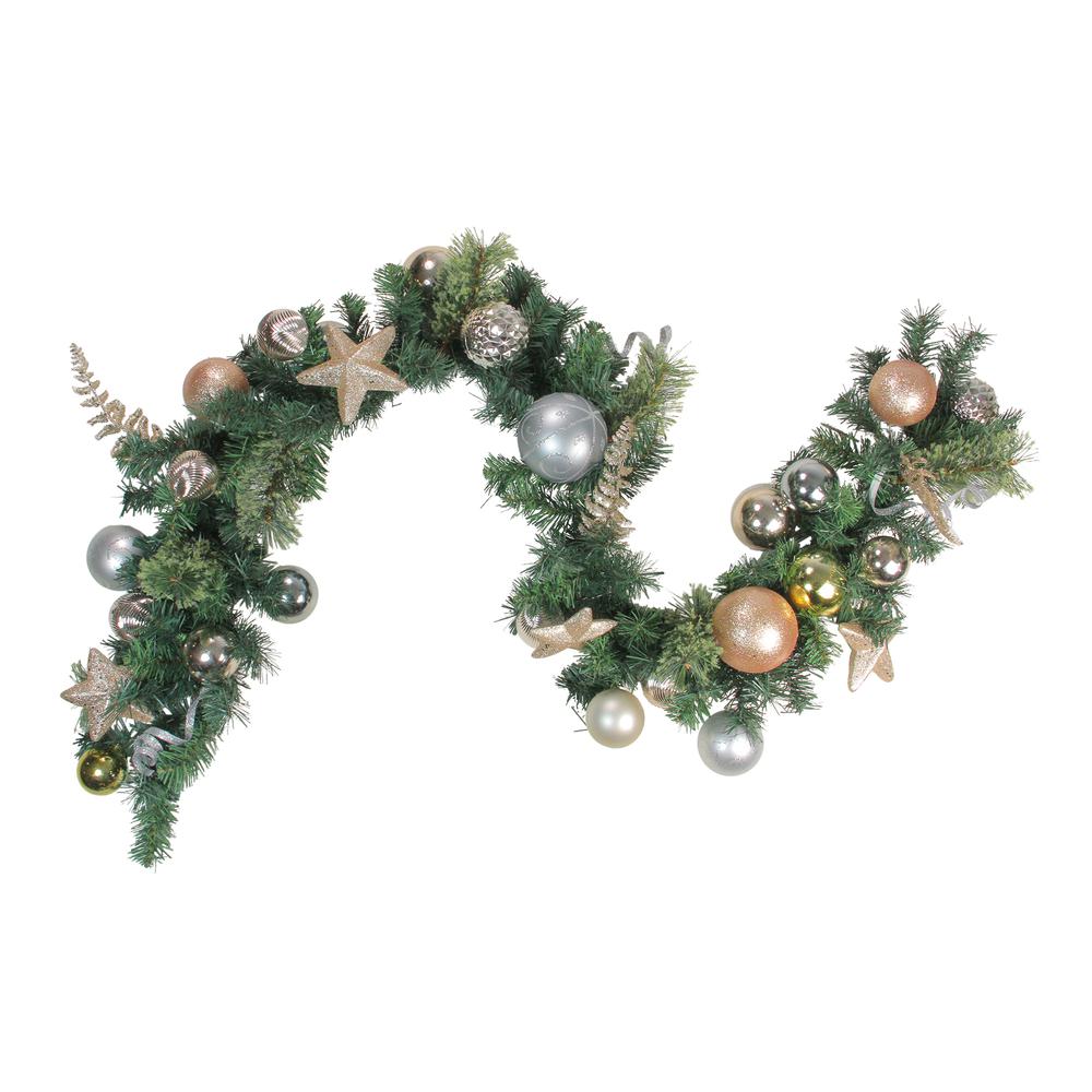 6' x 12" Green and Gold Leaves Ornaments with Stars Artificial Christmas Garland - Unlit. Picture 1