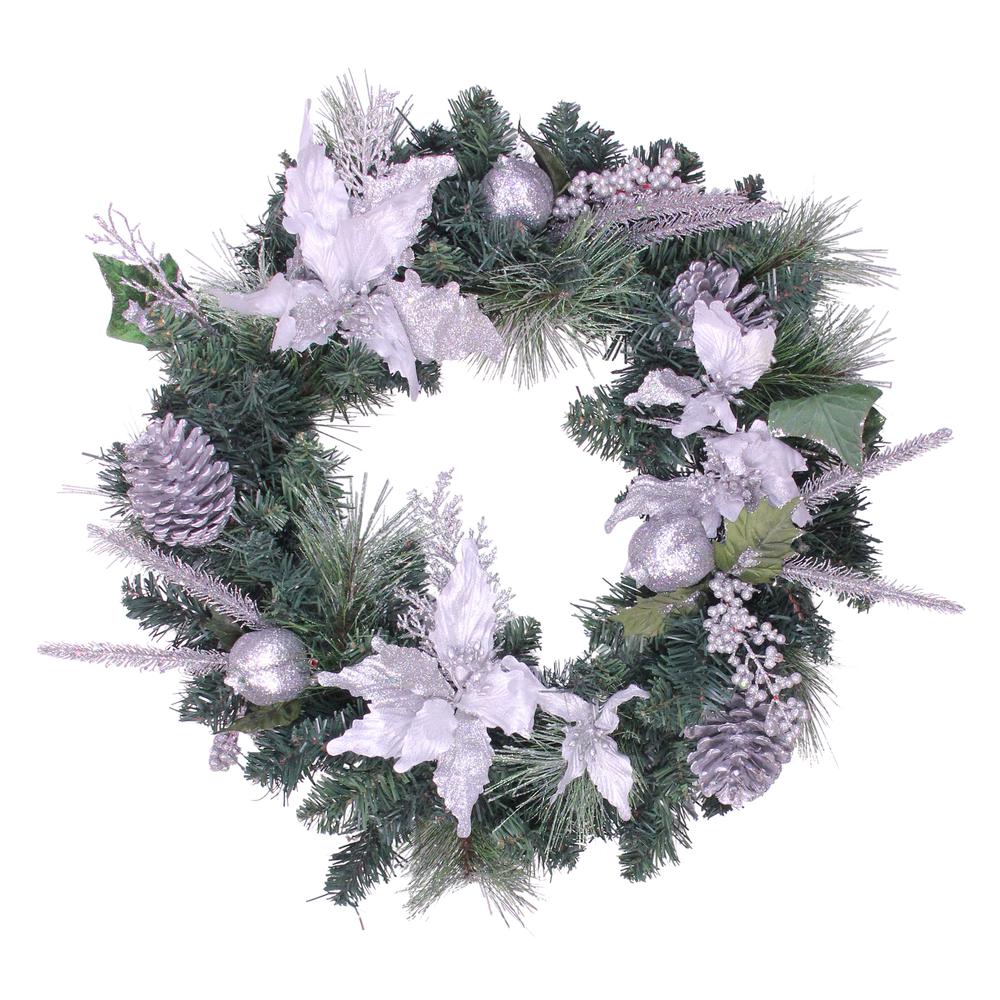 White Poinsettia and Pine Cone Artificial Christmas Wreath - 24-Inch  Unlit. Picture 1