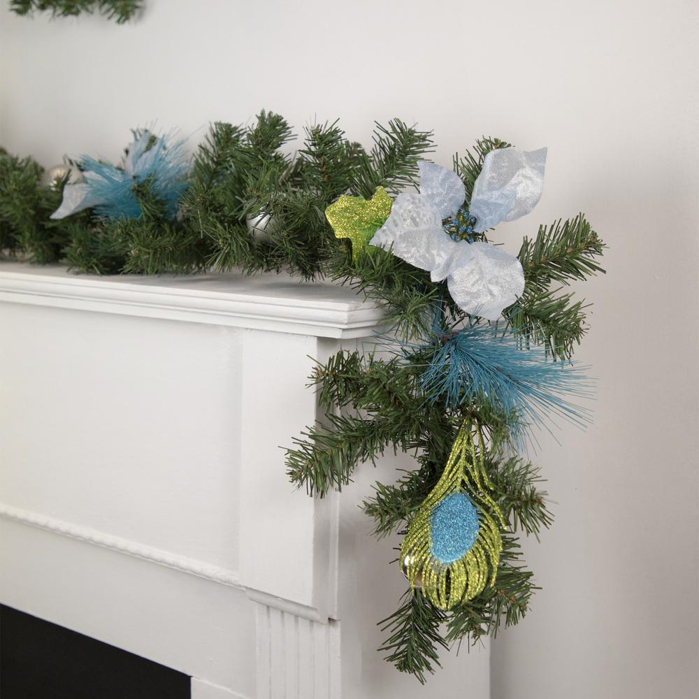 6' x 9" Peacock Feather and Poinsettia Artificial Christmas Garland  Unlit. Picture 2