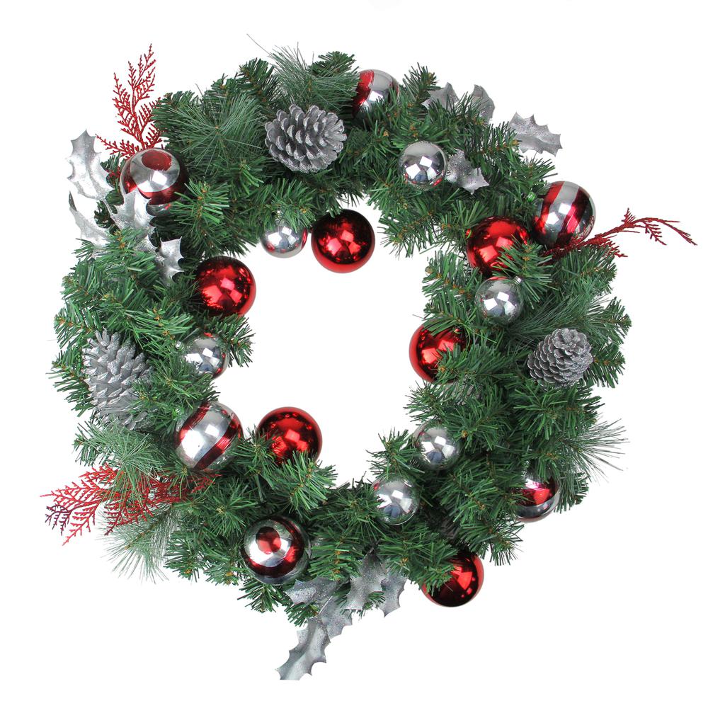 Red and Silver Ornaments Artificial Christmas Wreath - 24-Inch  Unlit. The main picture.