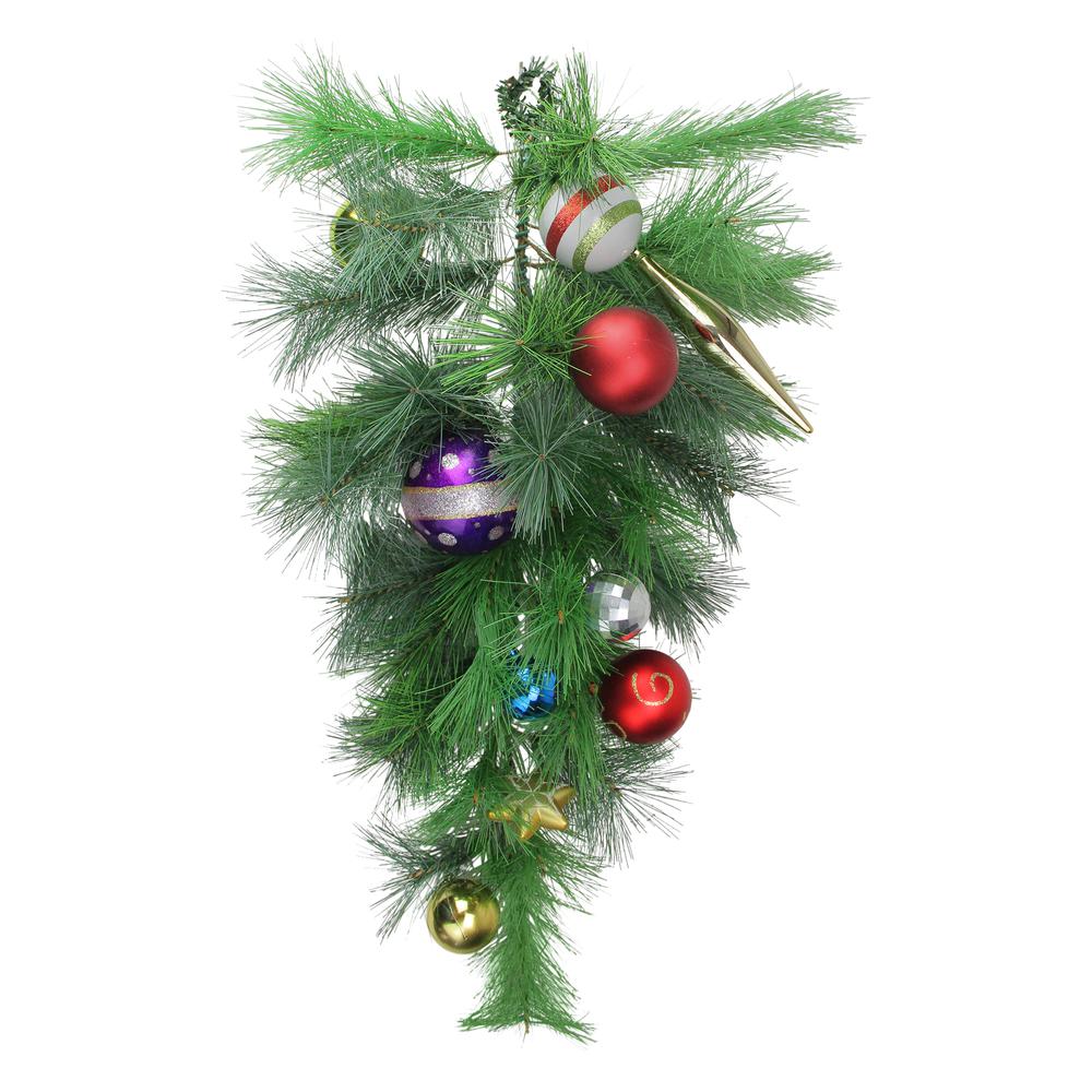 24" Pre-Decorated Multi-Color Ornament Long Needle Pine Artificial Christmas Teardrop Swag - Unlit. Picture 1