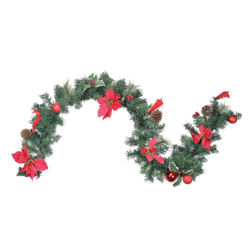 6' x 9" Red Pre-Decorated Poinsettia and Pine Cone Artificial Christmas Garland - Unlit. Picture 1