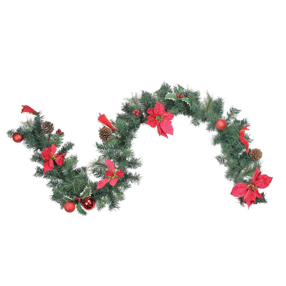 6' x 9" Red Pre-Decorated Poinsettia and Pine Cone Artificial Christmas Garland - Unlit. Picture 2