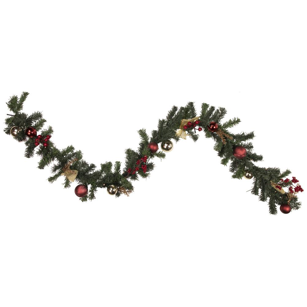 6' x 8" Decorated Burgundy and Gold Pine Christmas Garland Cool White LED Lights. Picture 1