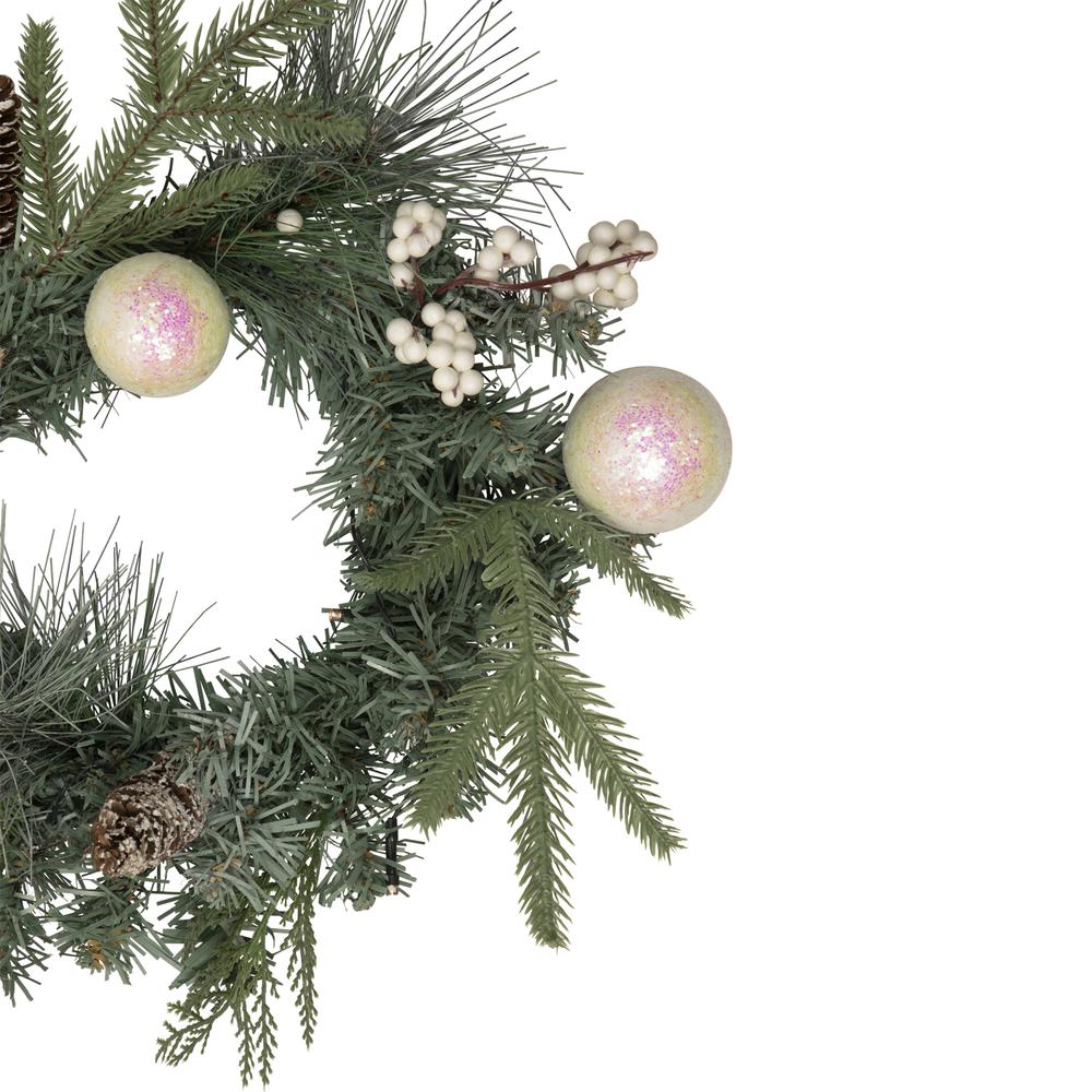 16" Pre-Lit Decorated Mixed Pine and White Berries Artificial Christmas Wreath. Picture 4