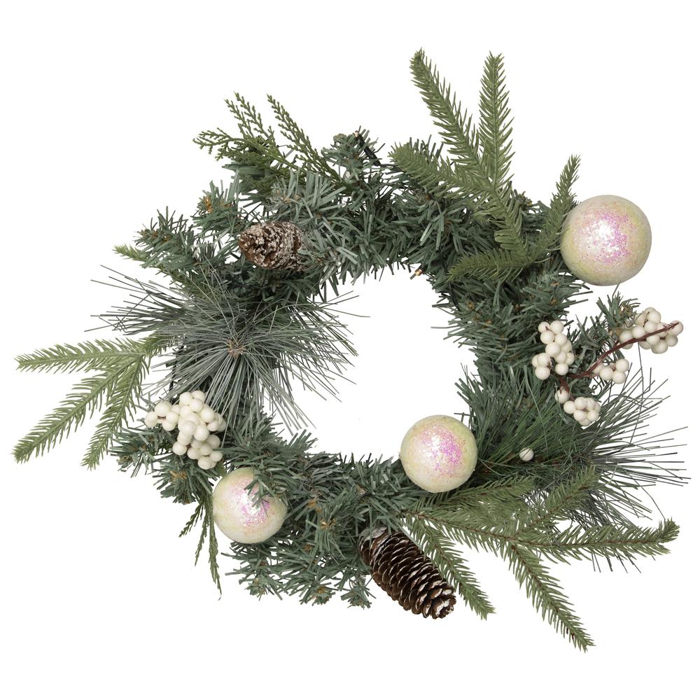 16" Pre-Lit Decorated Mixed Pine and White Berries Artificial Christmas Wreath. Picture 1