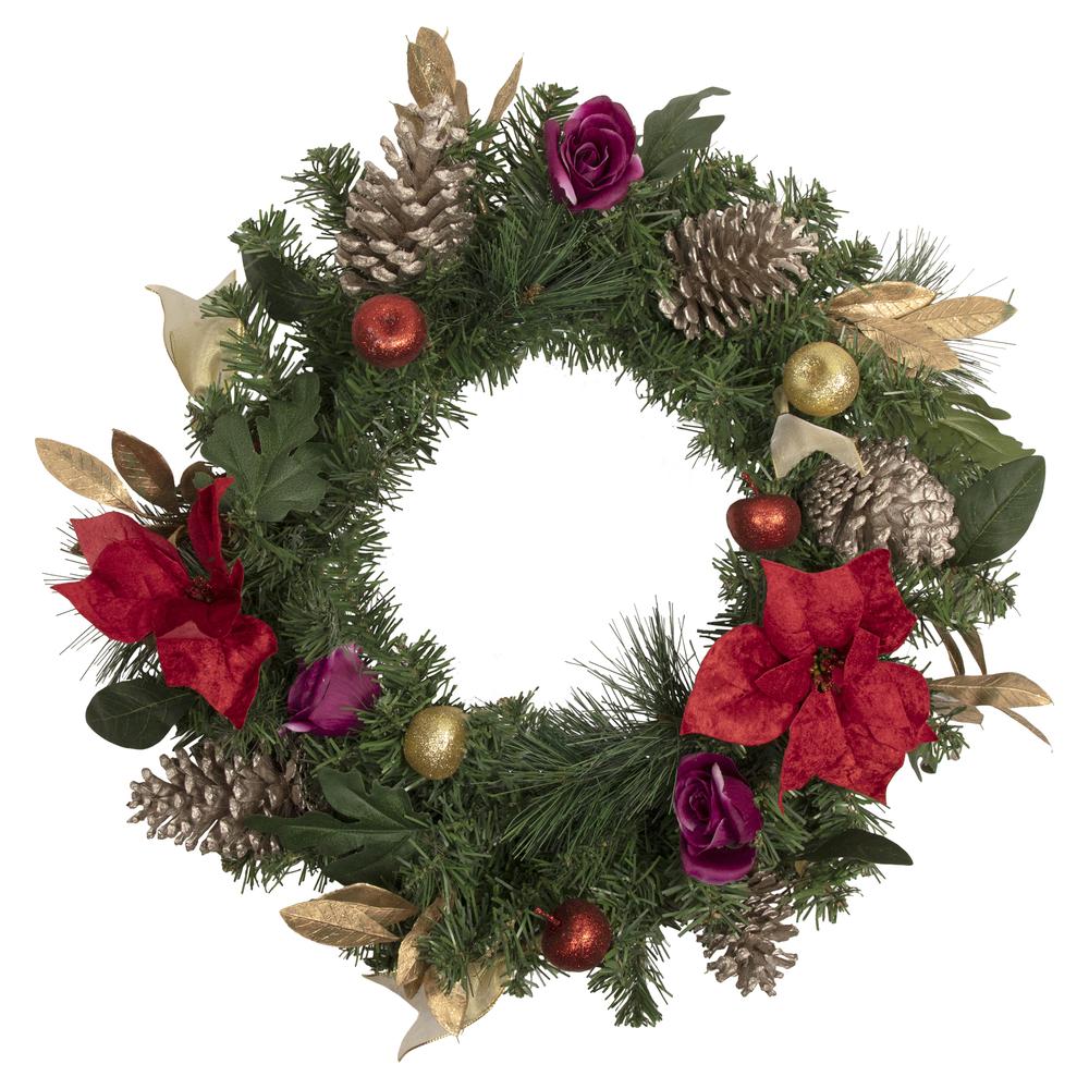 Decorated Red Poinsettia and Rose Artificial Christmas Wreath  24-inch  Unlit. Picture 1