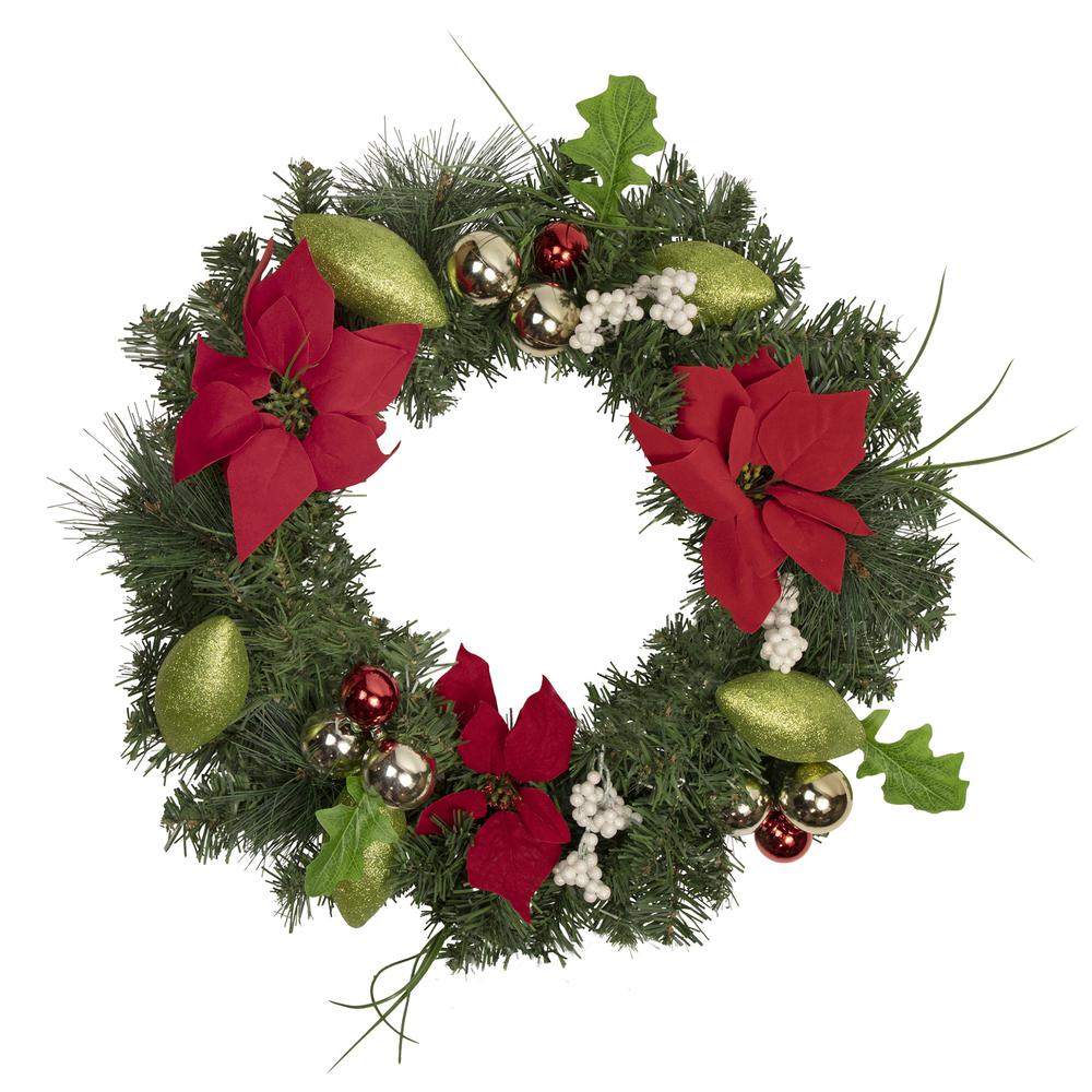 Decorated Red and Green Poinsettia and Pine Christmas Wreath 24-inch Unlit. Picture 1