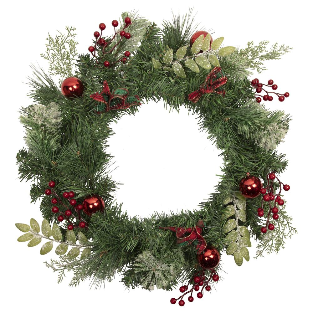 Decorated Frosted Pine and Pine Cone Artificial Christmas Wreath  24-Inch  Unlit. Picture 1