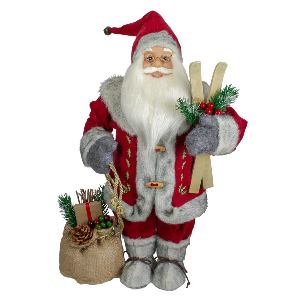 18" Standing Santa Christmas Figure with Skis and Fur Boots. Picture 1