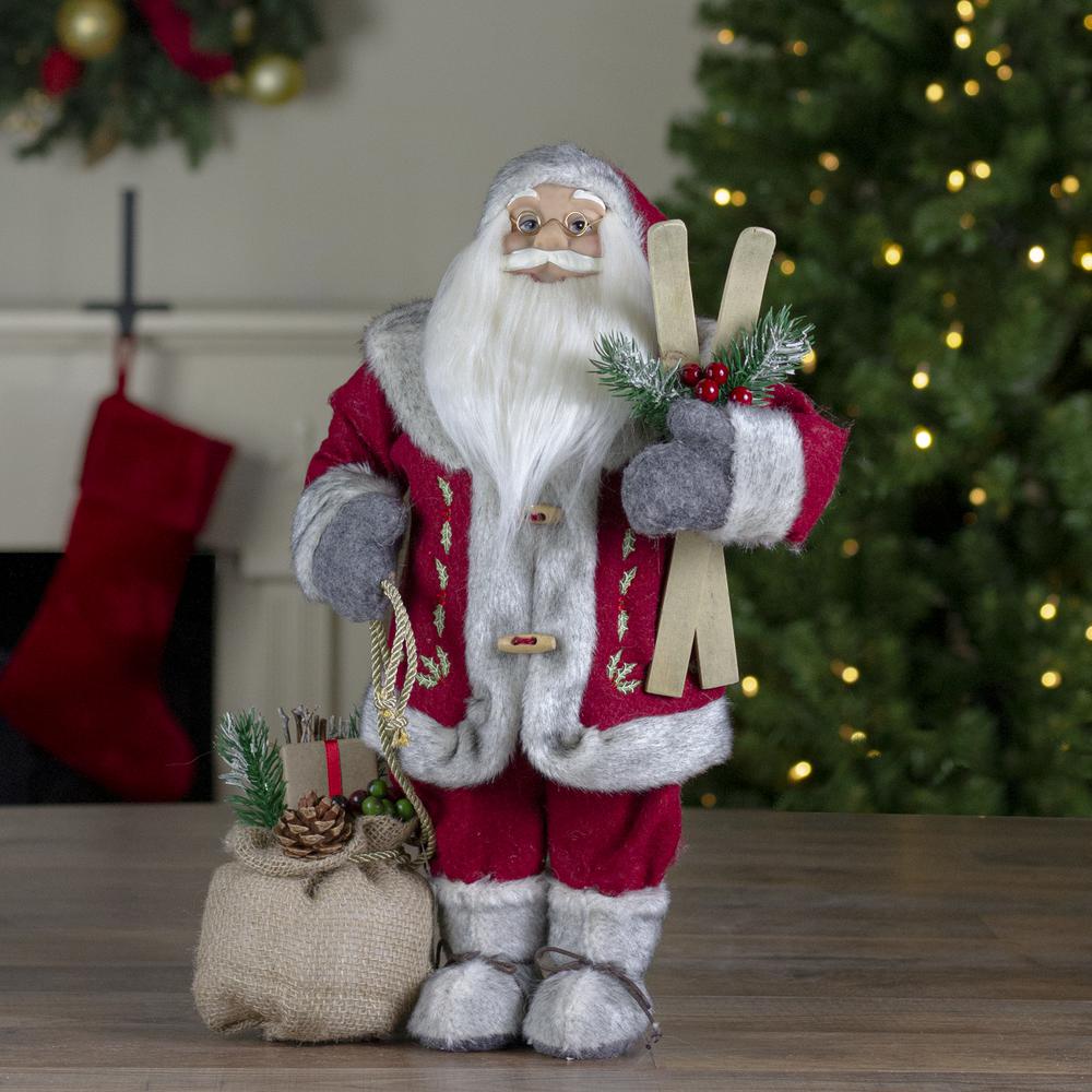 18" Standing Santa Christmas Figure with Skis and Fur Boots. Picture 2