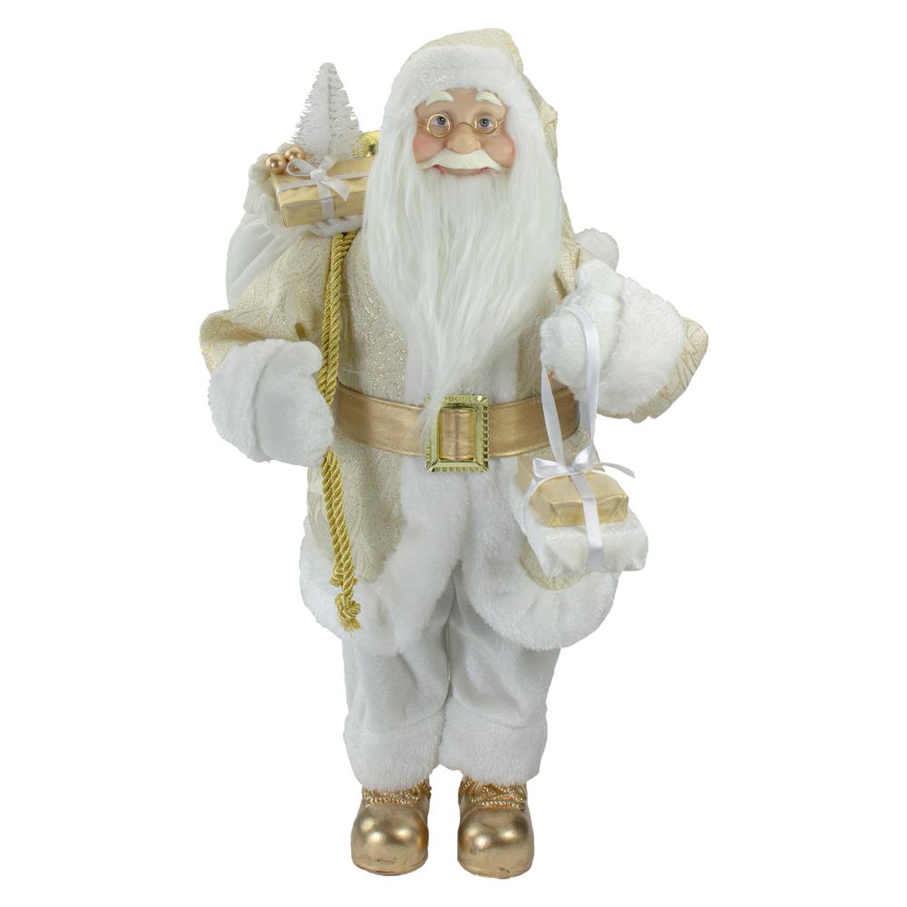18" Gold and White Standing Santa Christmas Figure with Presents. Picture 1