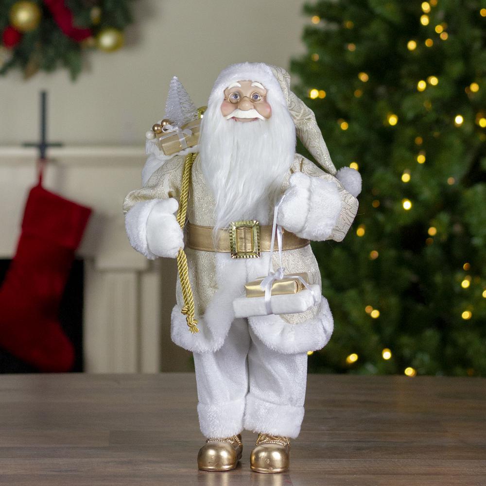 18" Gold and White Standing Santa Christmas Figure with Presents. Picture 2