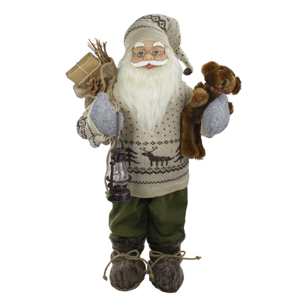 2' Standing Santa Christmas Figure with a Plush Bear and Lantern. Picture 1