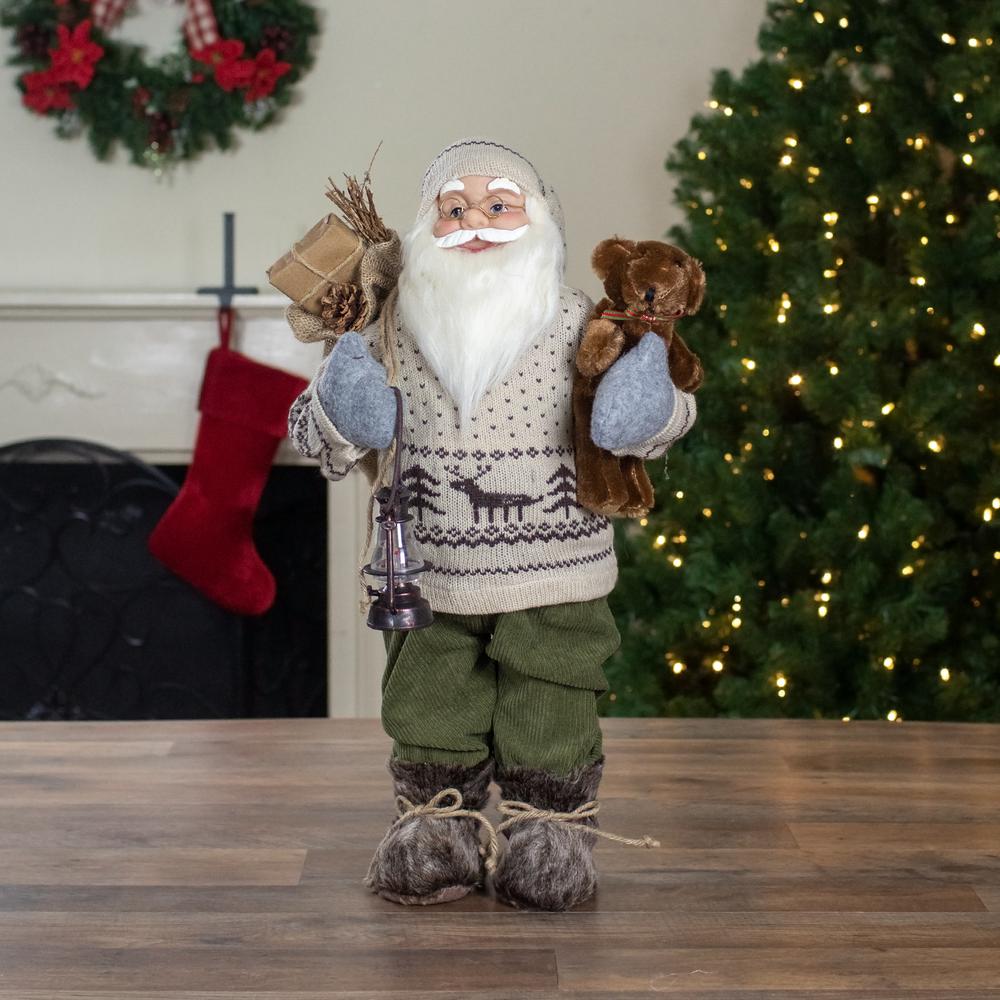 2' Standing Santa Christmas Figure with a Plush Bear and Lantern. Picture 2