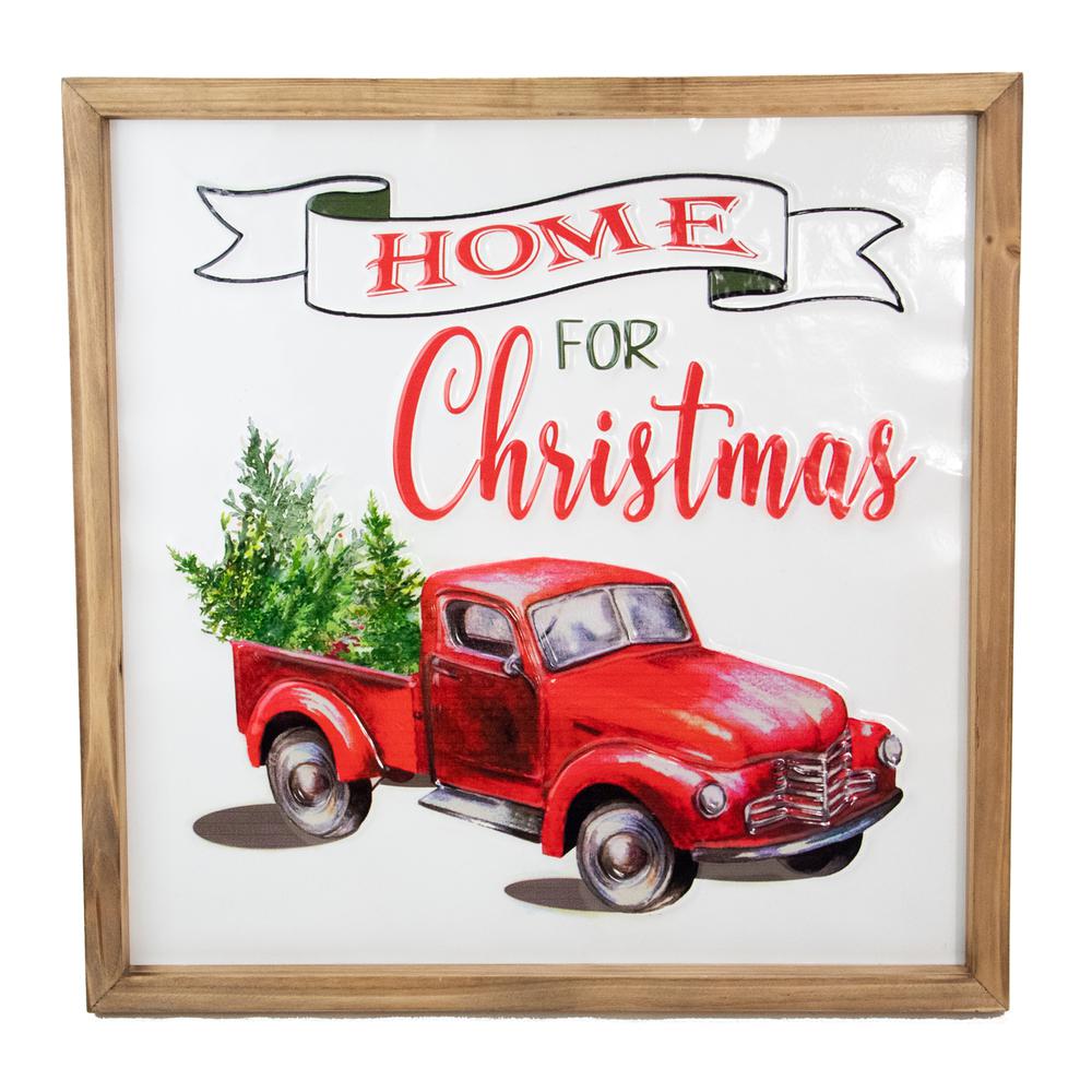 16" Red Truck With a Forest Tree Metal With a Wooden Frame Wall Decor. Picture 1