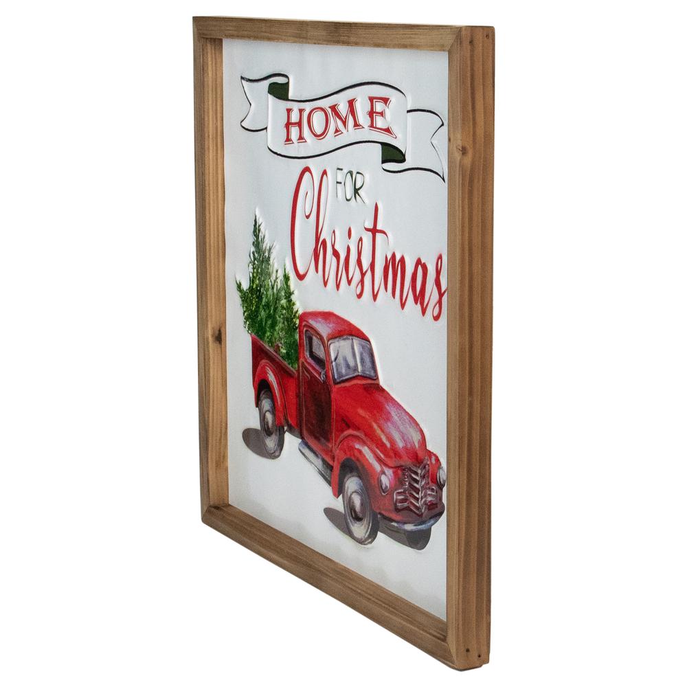 16" Red Truck With a Forest Tree Metal With a Wooden Frame Wall Decor. Picture 3